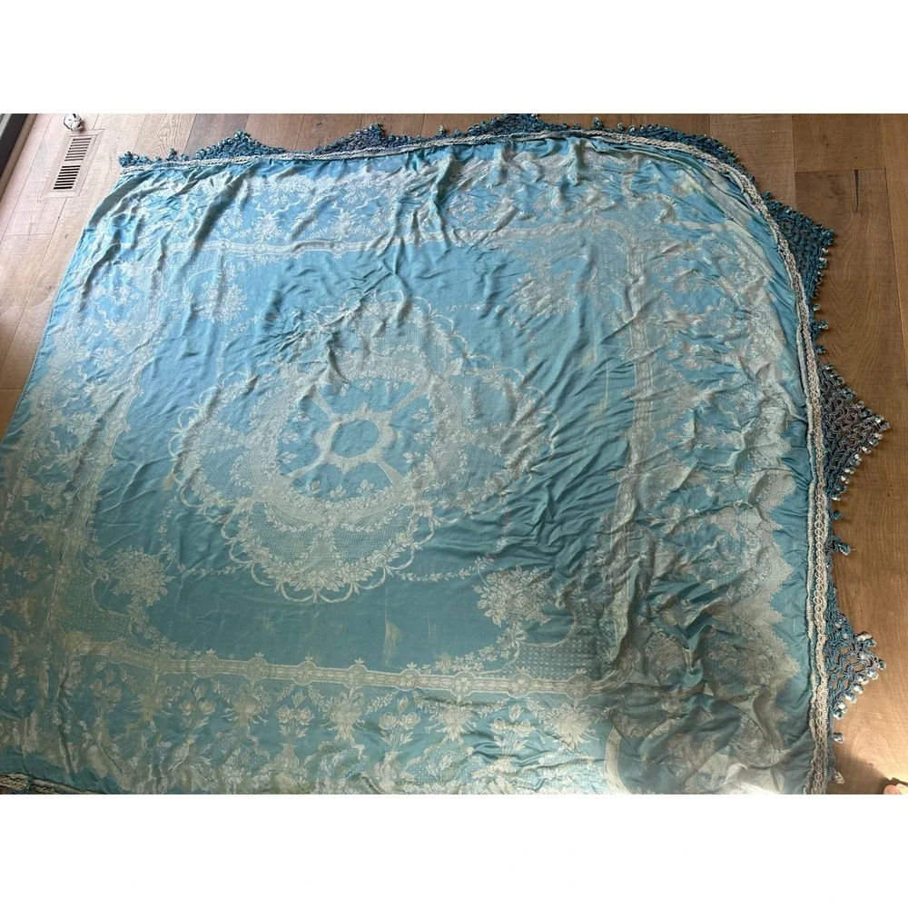 Vintage Blue Silk Cotton Blend Damask Bedspread Macrame Fringe Tassel Coverlet - Picture 8 of 10